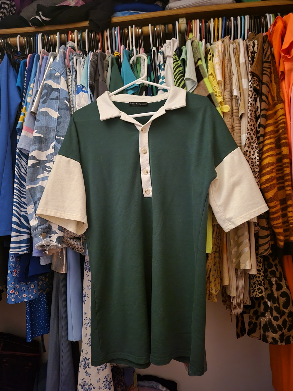 Forest Green Polo Shirt Dress with Cream Accents